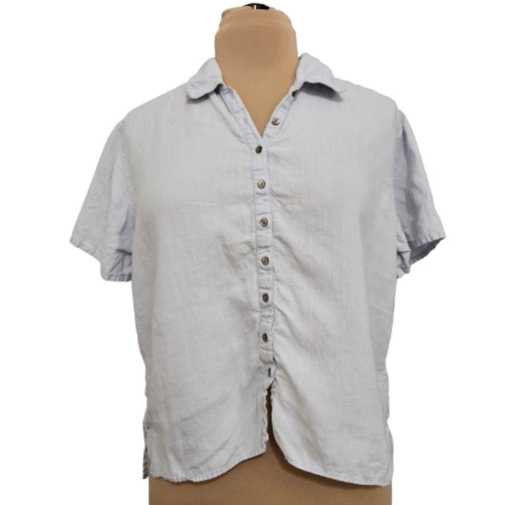 J. Jill Light Blue Linen Chambray Button Front Top Short Sleeve Relaxed Fit Sz M